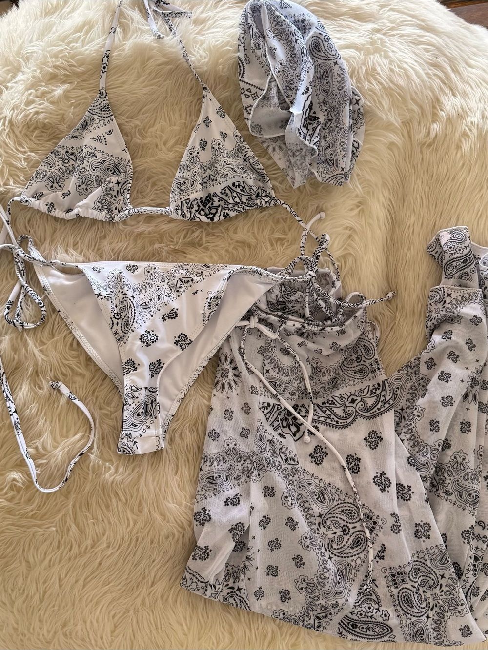 White & Black Paisley Bikini Set with Matching Cover-Up